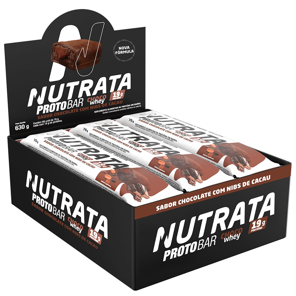 Nutrata Proto Bar Whey 70g display com 9 barras - Chocolate Meio Amargo com Nibs de Cacau