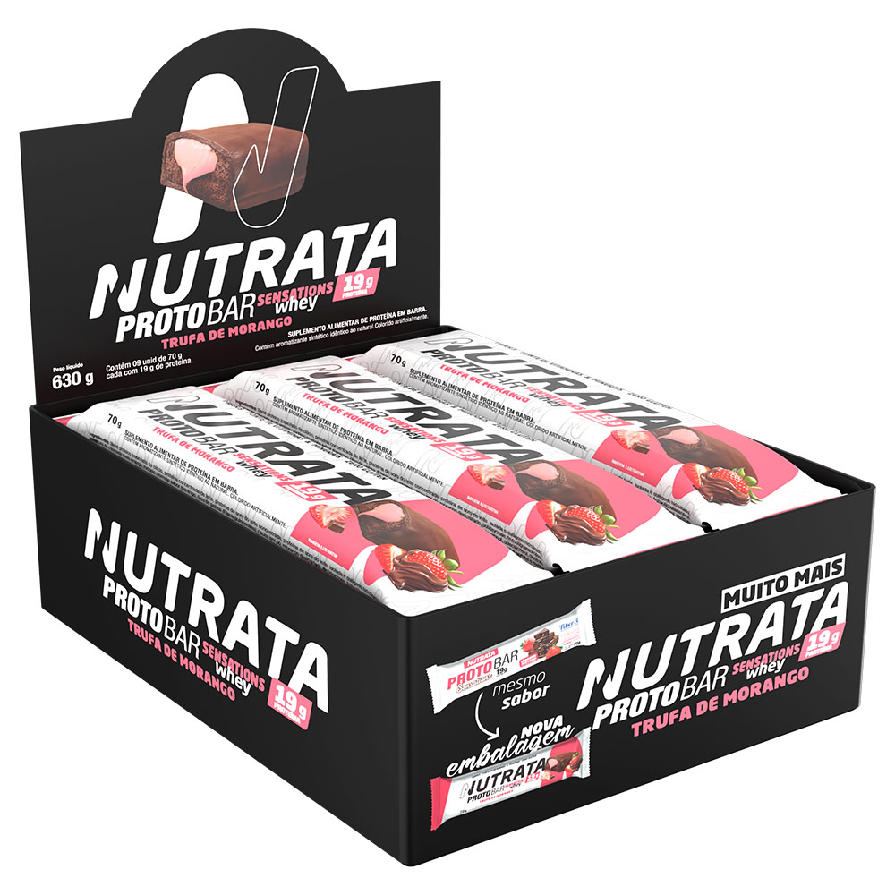 Nutrata Proto Bar Sensations 70g display com 9 barras - Sabor trufa de morango